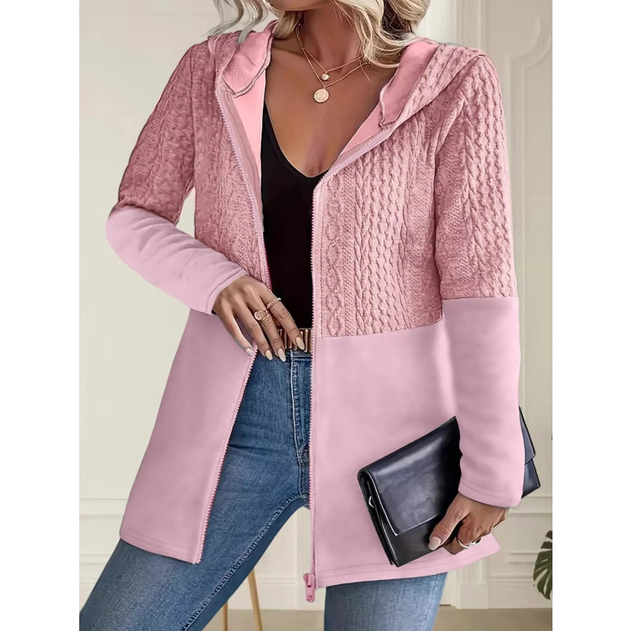 Full Size Textured Hooded Zip-Up Jacket Plus Pink / S Apparel and Accessories