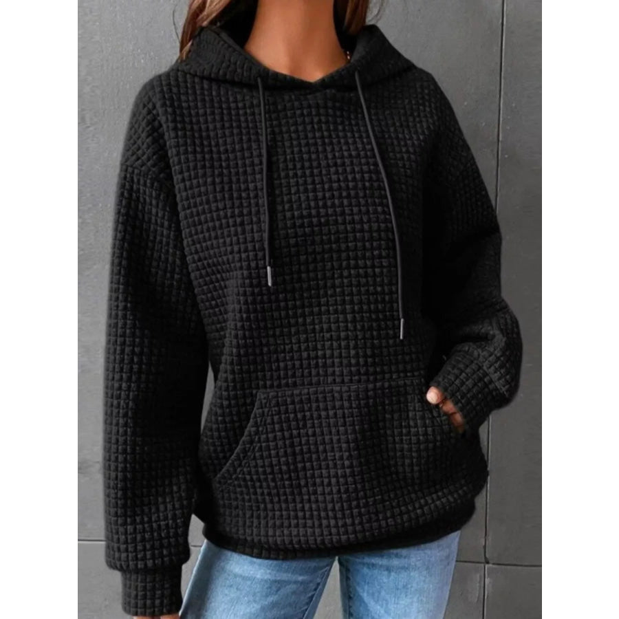Full Size Textured Kangaroo Pocket Hoodie Plus Size Apparel and Accessories