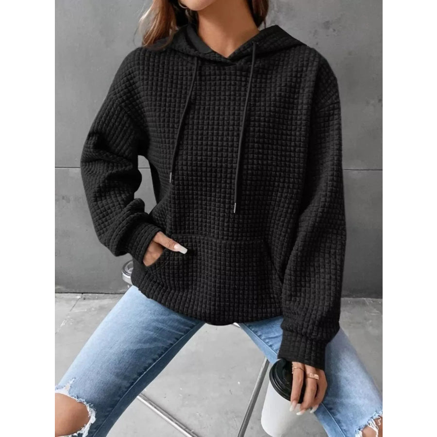 Full Size Textured Kangaroo Pocket Hoodie Plus Size Black / S Apparel and Accessories