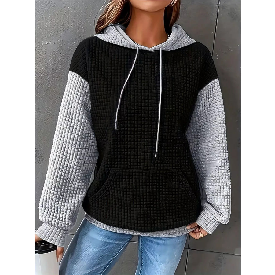Full Size Textured Kangaroo Pocket Hoodie Plus Size Black/White / S Apparel and Accessories
