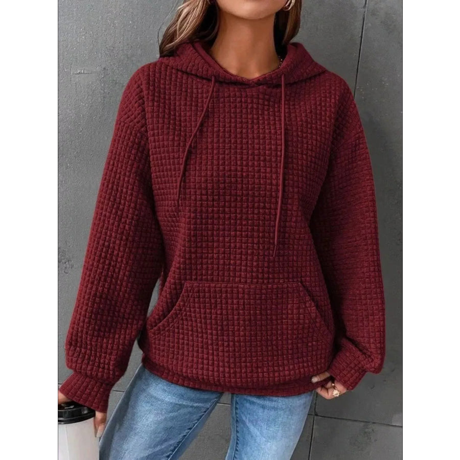 Full Size Textured Kangaroo Pocket Hoodie Plus Size Dark Red / S Apparel and Accessories