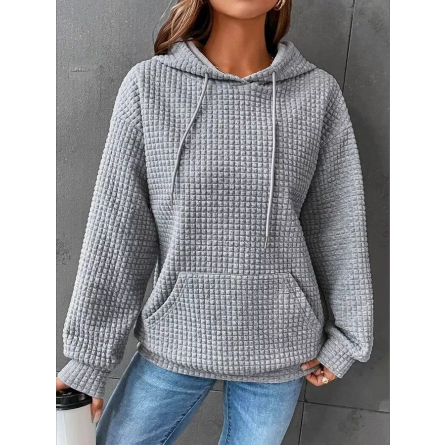 Full Size Textured Kangaroo Pocket Hoodie Plus Size Grey / S Apparel and Accessories