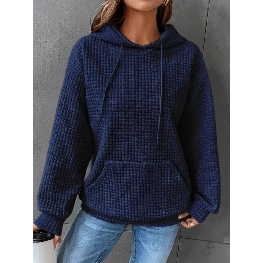 Full Size Textured Kangaroo Pocket Hoodie Plus Size Navy / S Apparel and Accessories