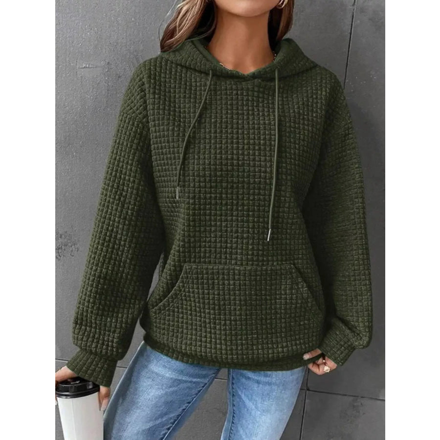 Full Size Textured Kangaroo Pocket Hoodie Plus Size Olive Green / S Apparel and Accessories