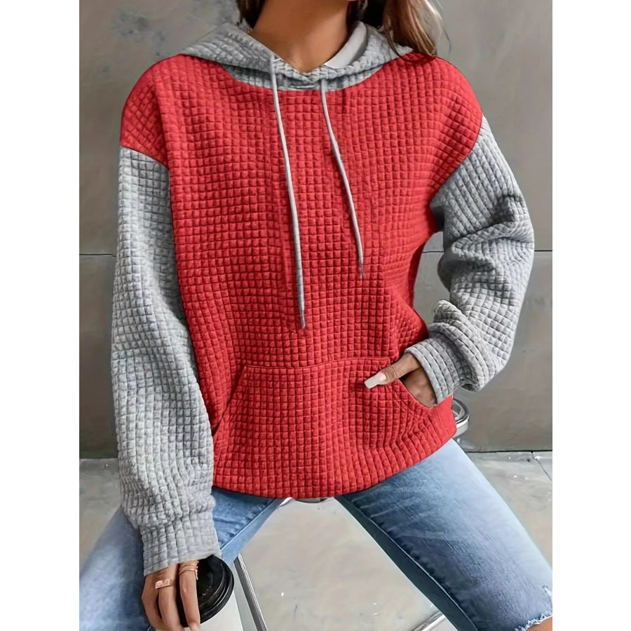 Full Size Textured Kangaroo Pocket Hoodie Plus Size Red/Gary / S Apparel and Accessories