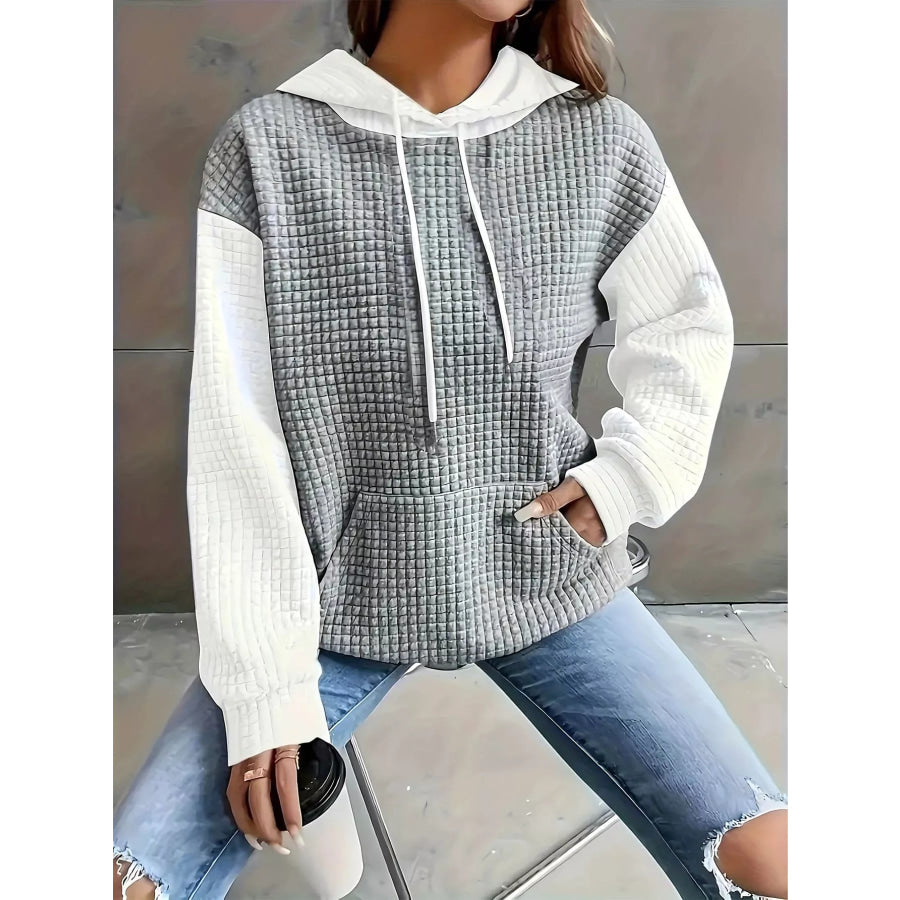 Full Size Textured Kangaroo Pocket Hoodie Plus Size White/Gary / S Apparel and Accessories