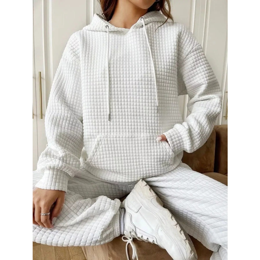 Full Size Textured Kangaroo Pocket Hoodie Plus Size White / S Apparel and Accessories