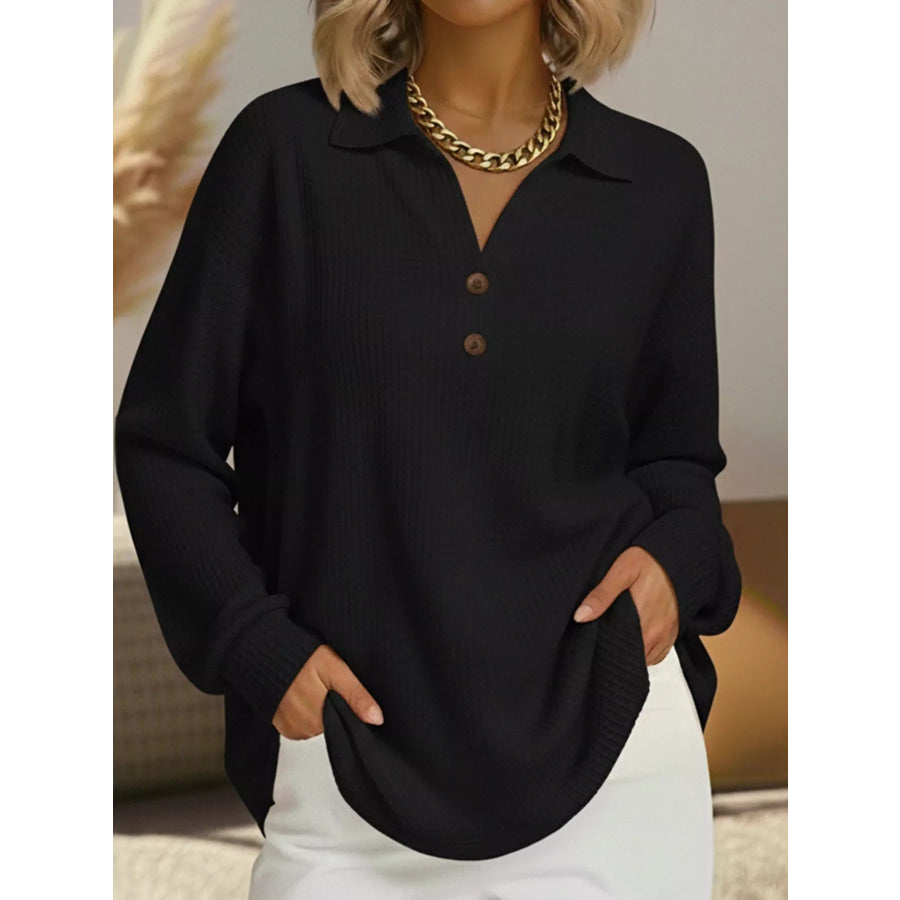 Full Size Textured Knit Decor Button Top Plus Size Black / S Apparel and Accessories