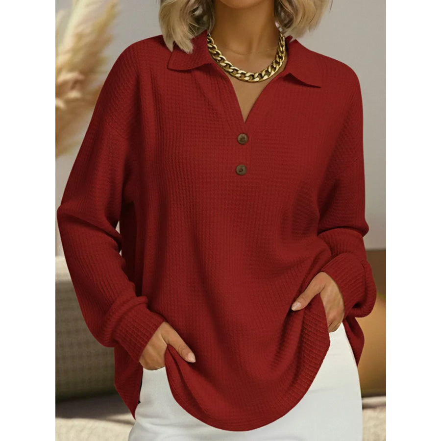 Full Size Textured Knit Decor Button Top Plus Size Wine Red / S Apparel and Accessories