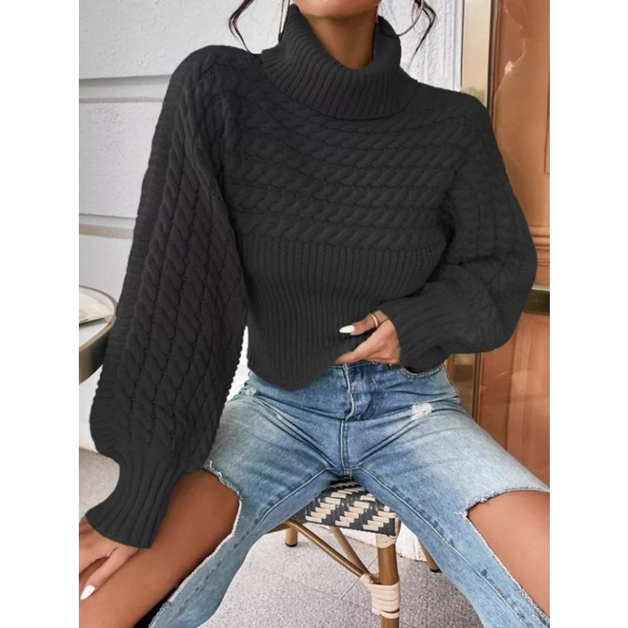 Full Size Textured Knit Turtleneck Long Sleeve Sweater Plus Size Black / S Apparel and Accessories