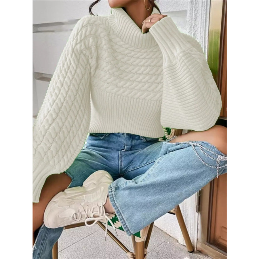 Full Size Textured Knit Turtleneck Long Sleeve Sweater Plus Size White / S Apparel and Accessories