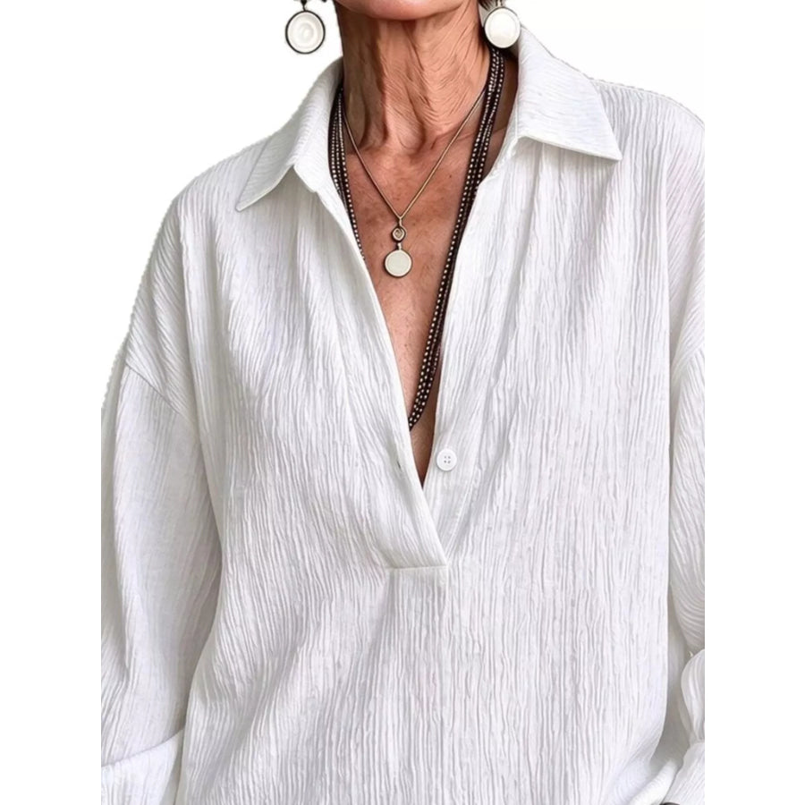 Full Size Textured Lantern Sleeves Blouse Plus Apparel and Accessories