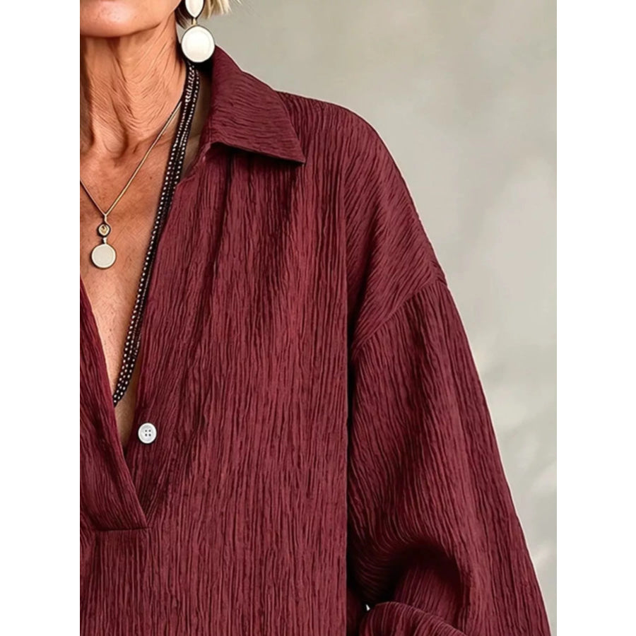 Full Size Textured Lantern Sleeves Blouse Plus Apparel and Accessories