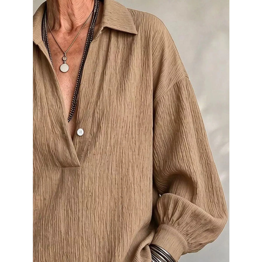 Full Size Textured Lantern Sleeves Blouse Plus Apparel and Accessories