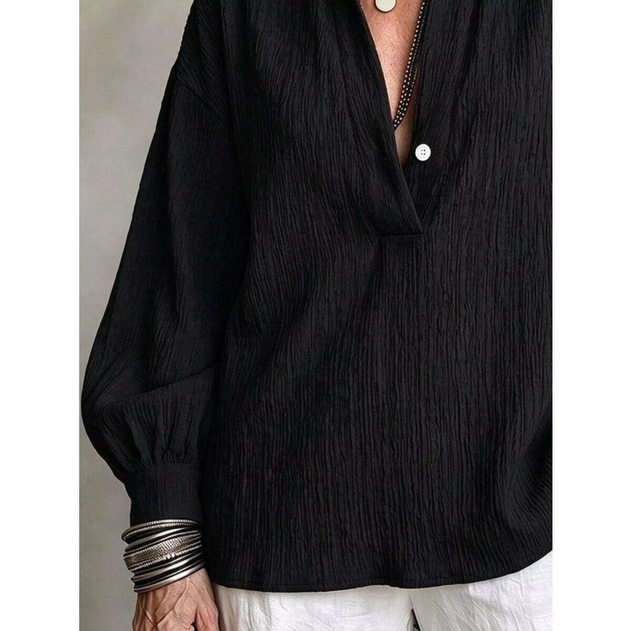 Full Size Textured Lantern Sleeves Blouse Plus Apparel and Accessories