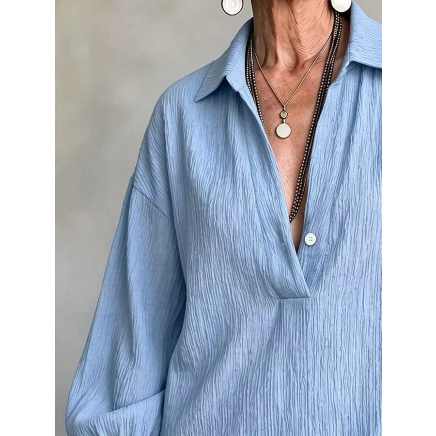 Full Size Textured Lantern Sleeves Blouse Plus Apparel and Accessories