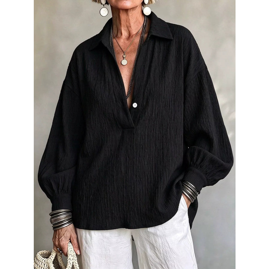 Full Size Textured Lantern Sleeves Blouse Plus Black / S Apparel and Accessories