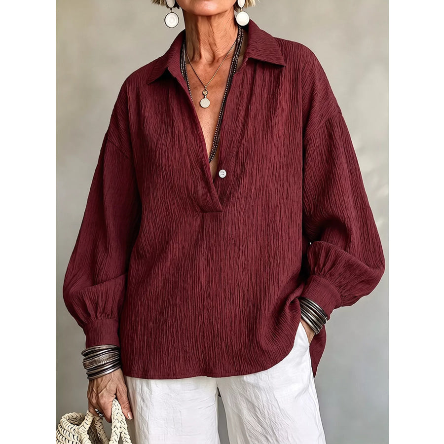 Full Size Textured Lantern Sleeves Blouse Plus Burgundy / S Apparel and Accessories