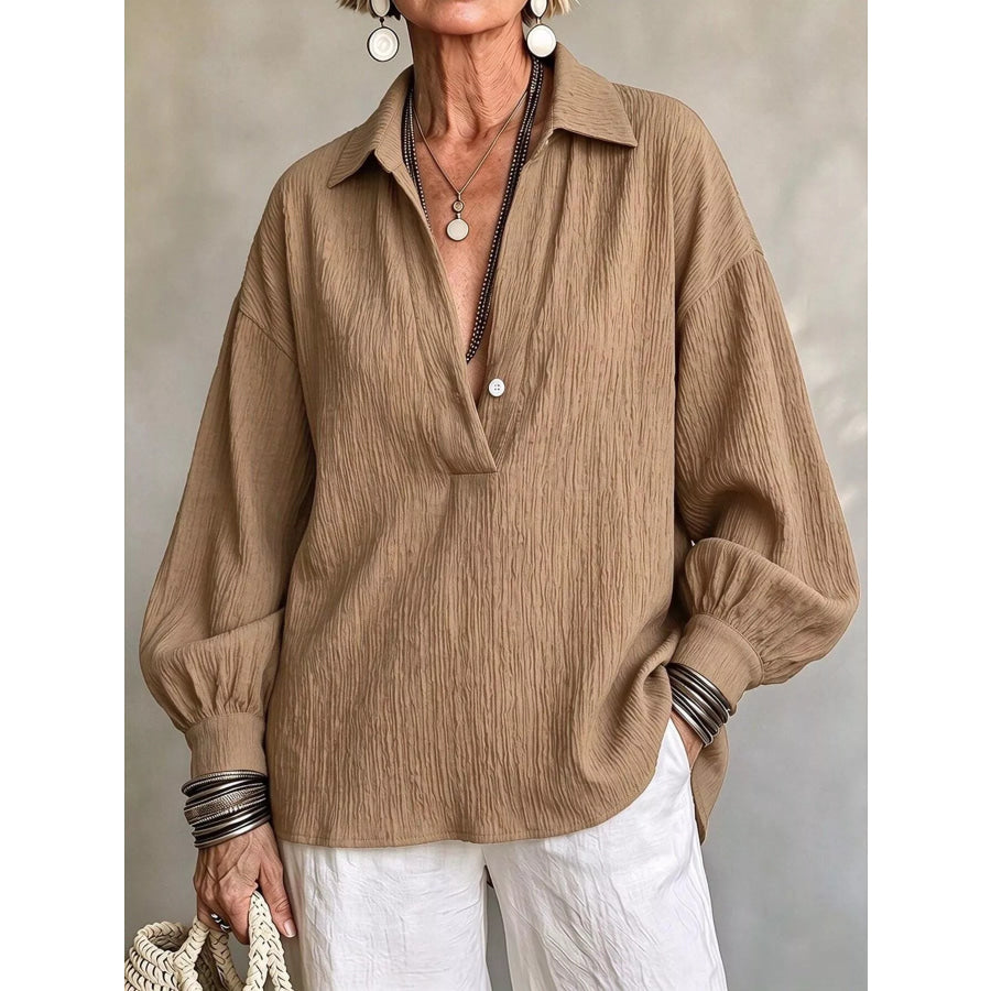Full Size Textured Lantern Sleeves Blouse Plus Khaki / S Apparel and Accessories
