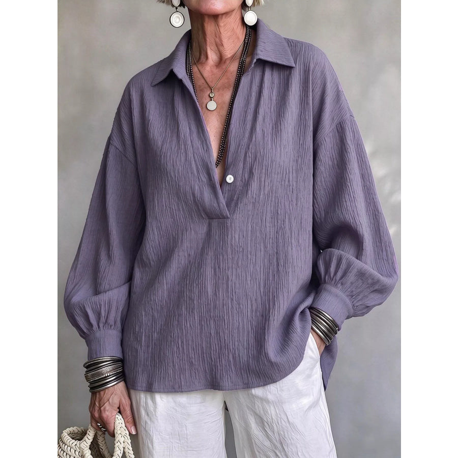 Full Size Textured Lantern Sleeves Blouse Plus Lavender / S Apparel and Accessories