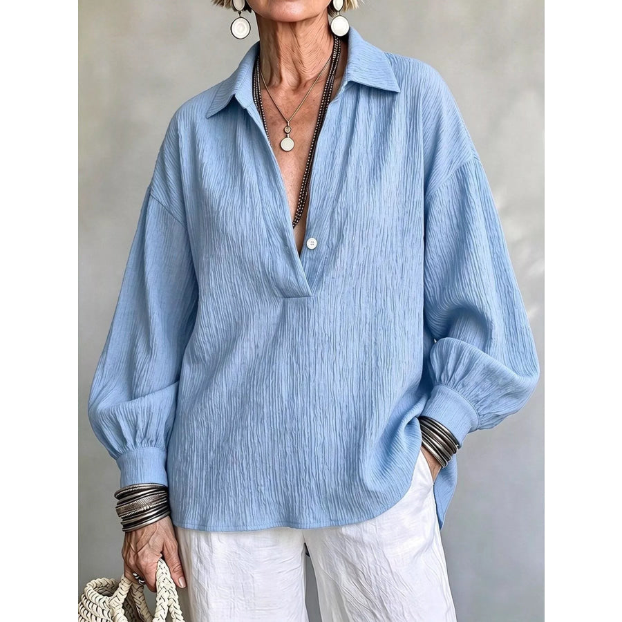 Full Size Textured Lantern Sleeves Blouse Plus Sky Blue / S Apparel and Accessories