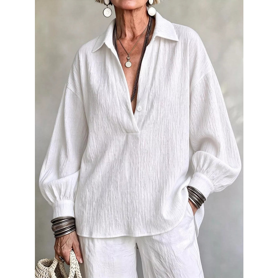 Full Size Textured Lantern Sleeves Blouse Plus White / S Apparel and Accessories