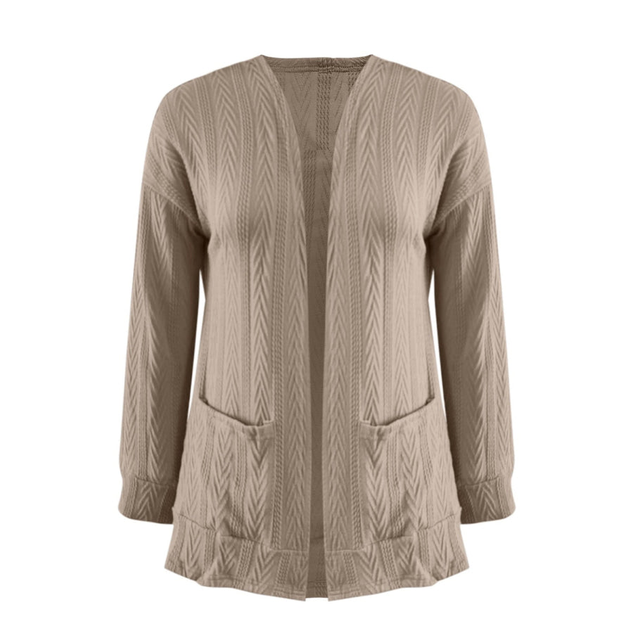 Full Size Textured Open Front Long Sleeve Cardigan Khaki / S Apparel and Accessories