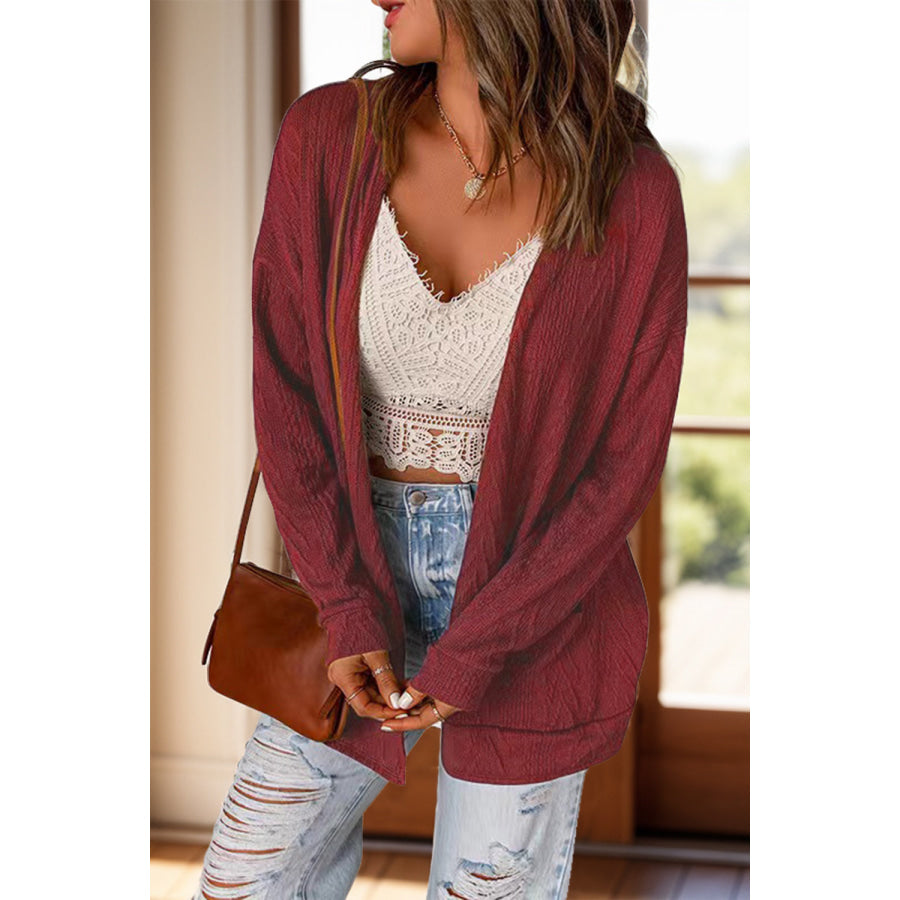 Full Size Textured Open Front Long Sleeve Cardigan Burgundy / S Apparel and Accessories