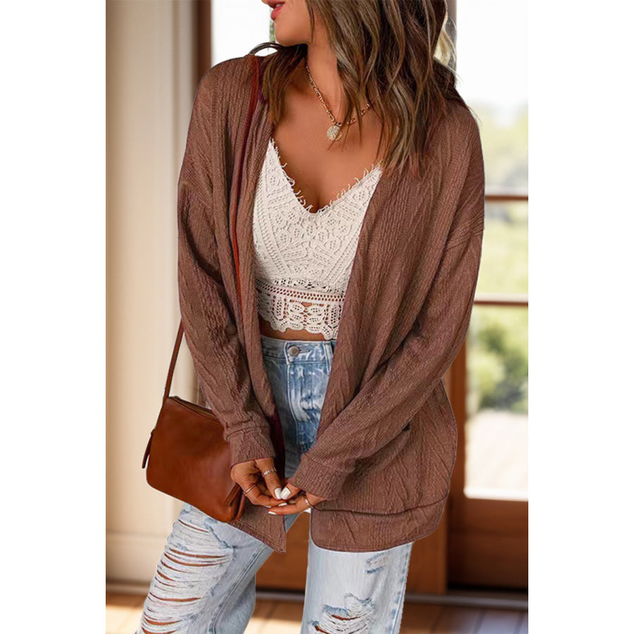 Full Size Textured Open Front Long Sleeve Cardigan Coffee Brown / S Apparel and Accessories