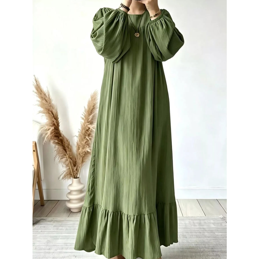 Full Size Textured Puff-Sleeve Maxi Dress Plus Army Green / S