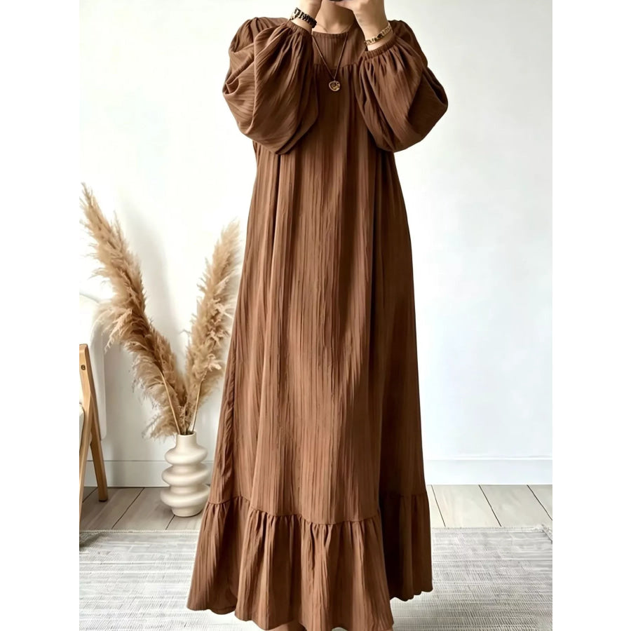 Full Size Textured Puff-Sleeve Maxi Dress Plus Brown / S