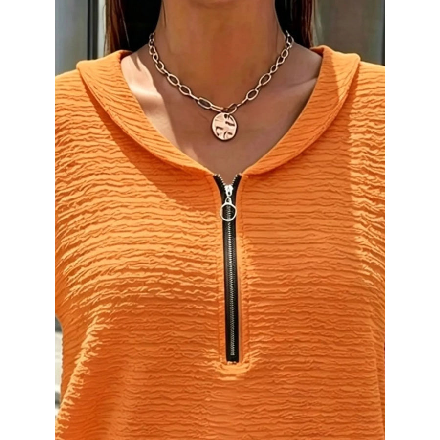 Full Size Textured Quarter-Zip Blouse Plus Apparel and Accessories