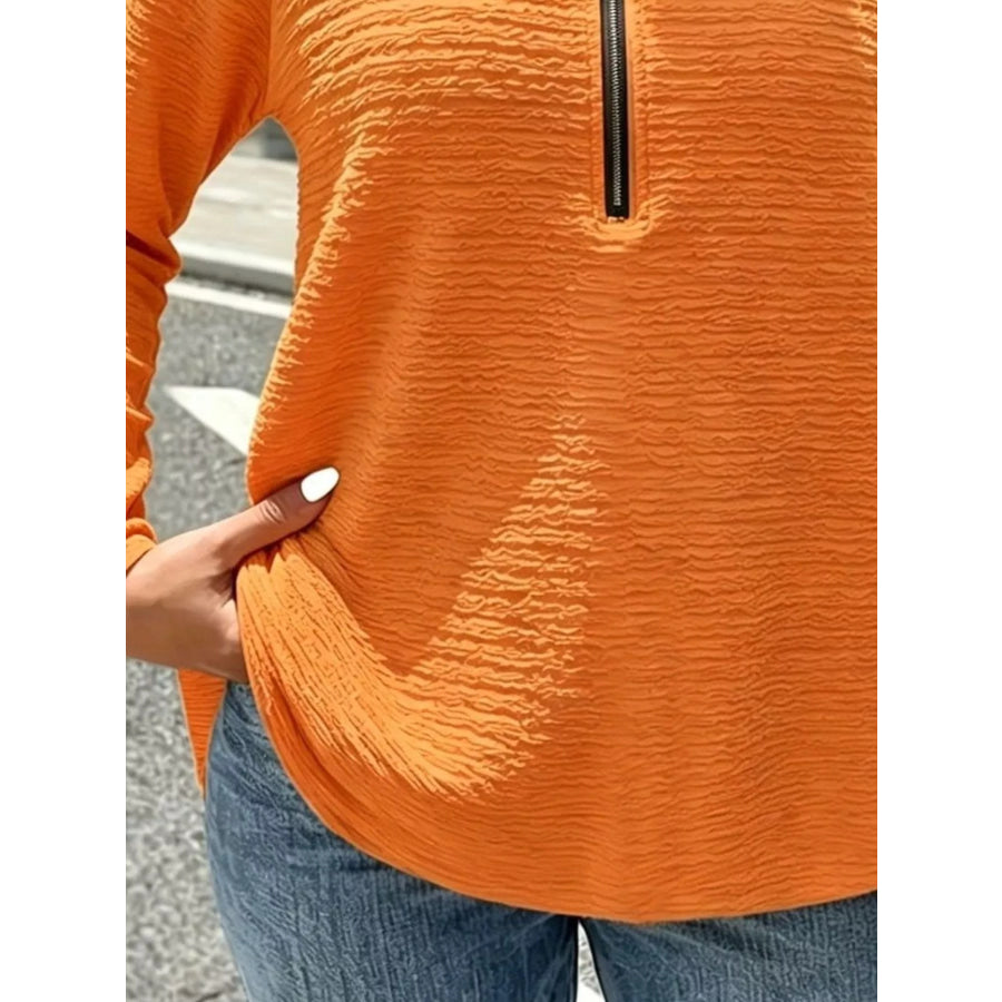 Full Size Textured Quarter-Zip Blouse Plus Apparel and Accessories