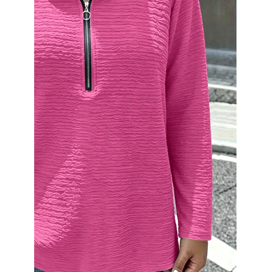 Full Size Textured Quarter-Zip Blouse Plus Apparel and Accessories