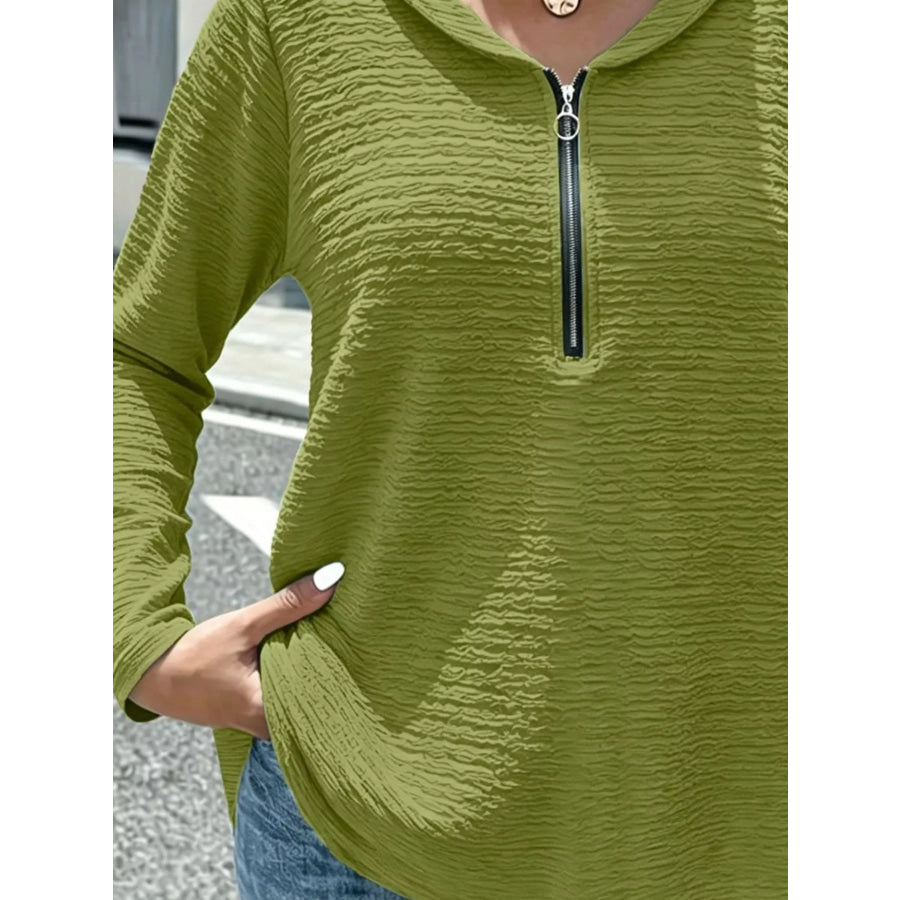 Full Size Textured Quarter-Zip Blouse Plus Apparel and Accessories