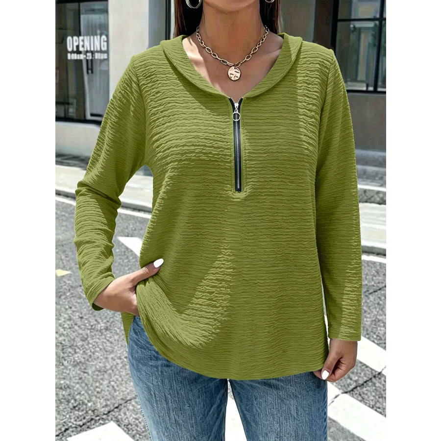 Full Size Textured Quarter-Zip Blouse Plus Matcha Green / S Apparel and Accessories