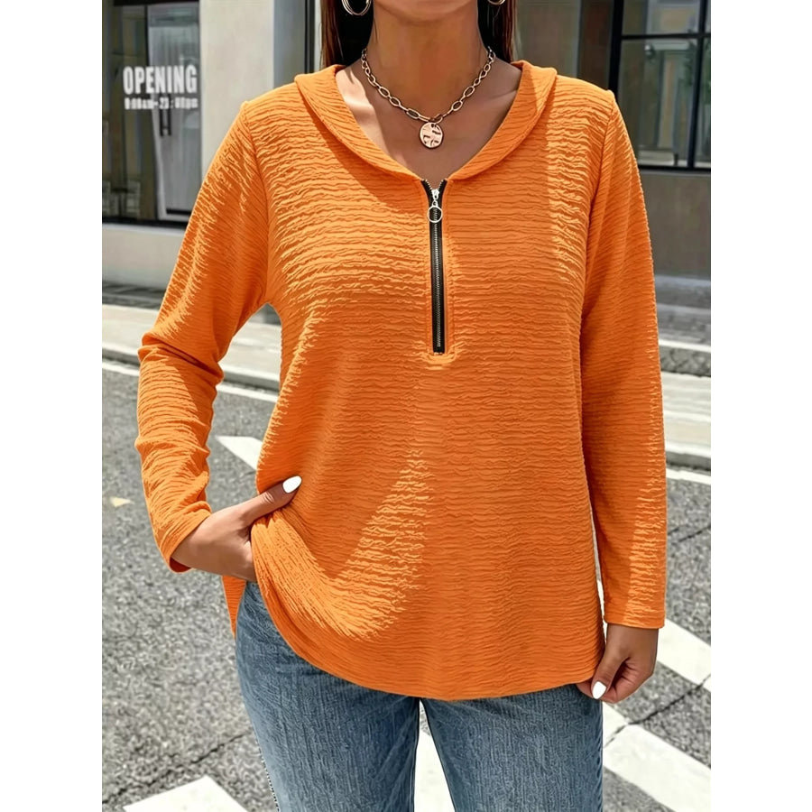 Full Size Textured Quarter-Zip Blouse Plus Orange / S Apparel and Accessories