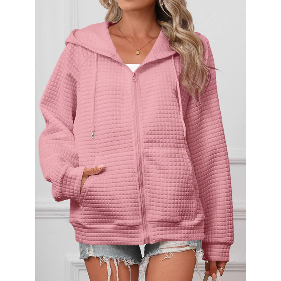 Full Size Textured Quilted Zip-Up Hooded Jacket Plus Size Apparel and Accessories