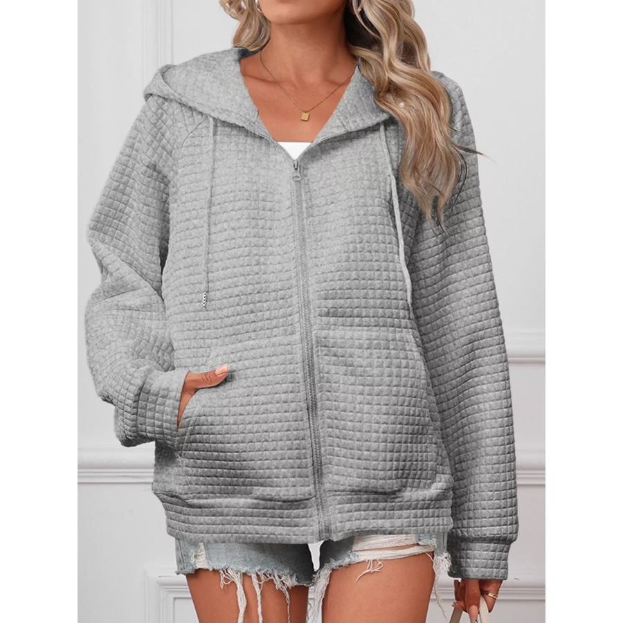 Full Size Textured Quilted Zip-Up Hooded Jacket Plus Size Apparel and Accessories