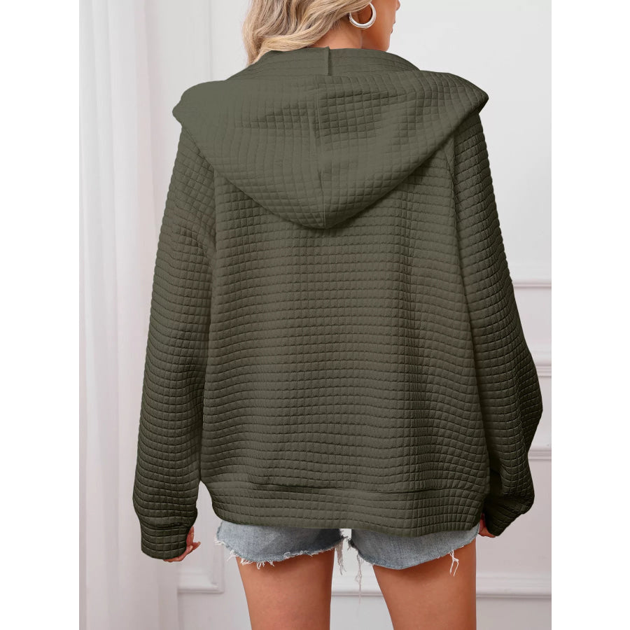 Full Size Textured Quilted Zip-Up Hooded Jacket Plus Size Apparel and Accessories