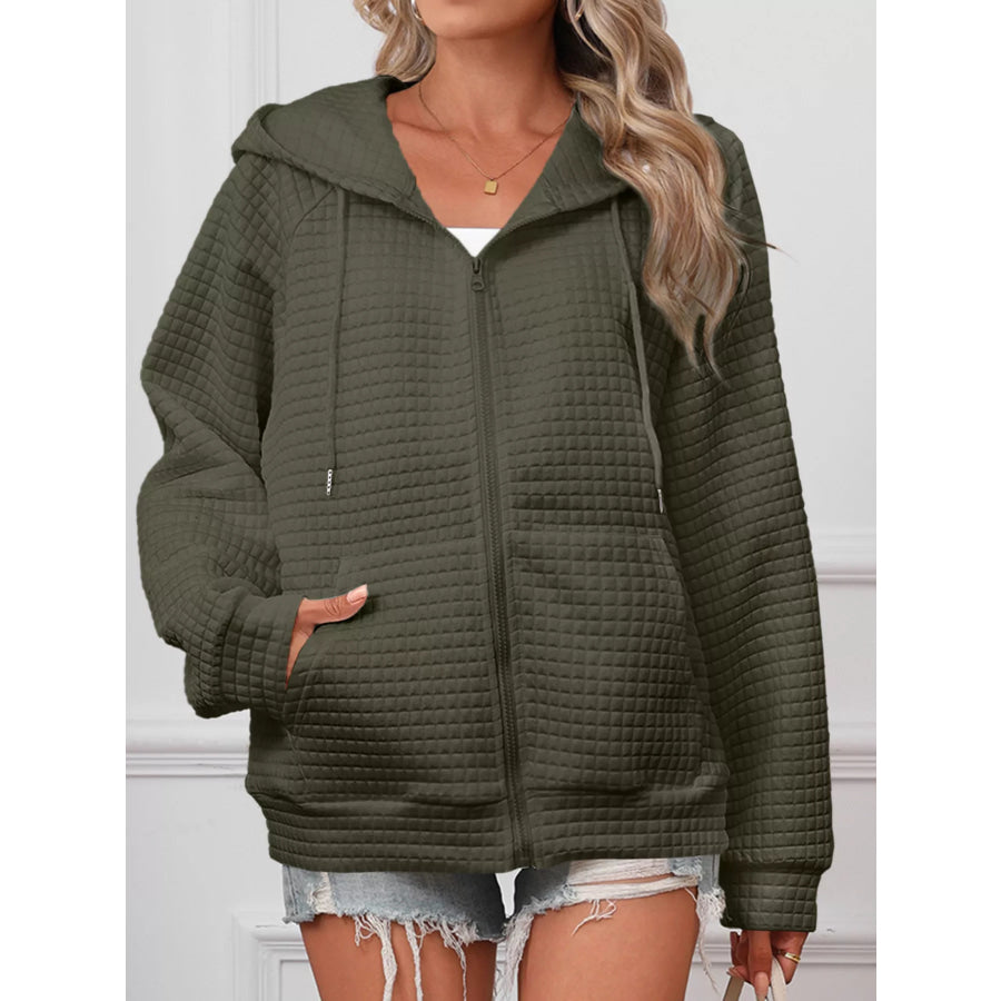Full Size Textured Quilted Zip-Up Hooded Jacket Plus Size Apparel and Accessories
