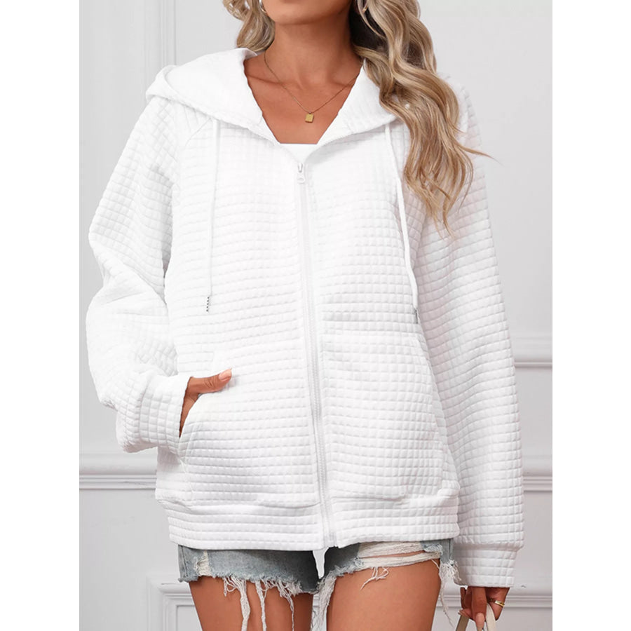 Full Size Textured Quilted Zip-Up Hooded Jacket Plus Size Apparel and Accessories