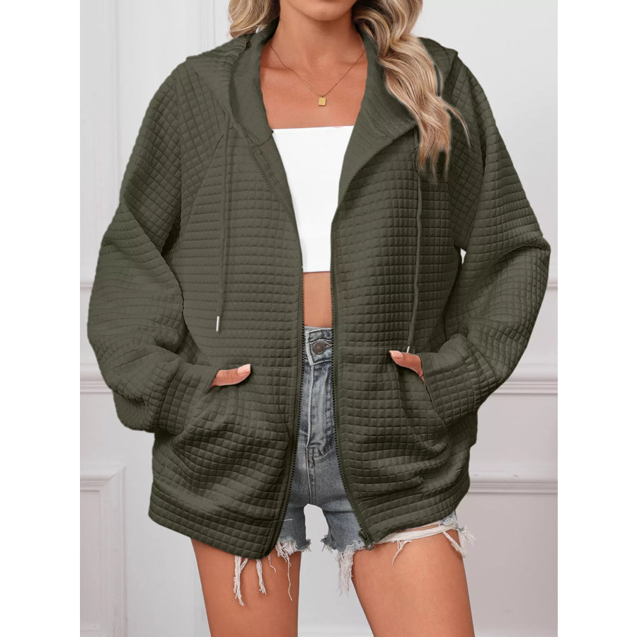 Full Size Textured Quilted Zip-Up Hooded Jacket Plus Size Apparel and Accessories