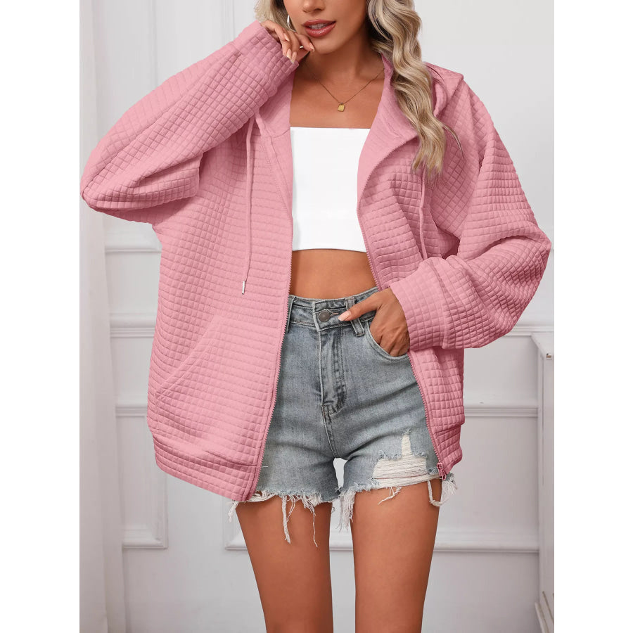 Full Size Textured Quilted Zip-Up Hooded Jacket Plus Size Apparel and Accessories