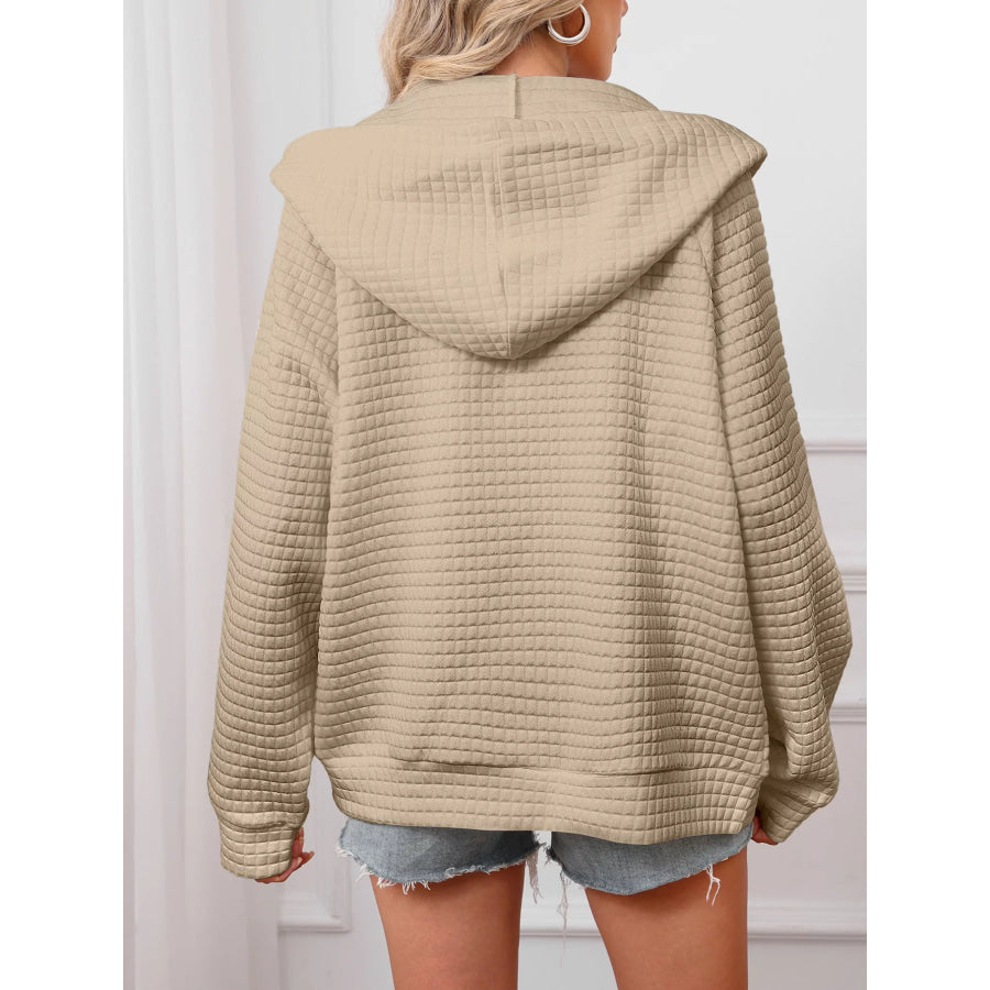 Full Size Textured Quilted Zip-Up Hooded Jacket Plus Size Apparel and Accessories