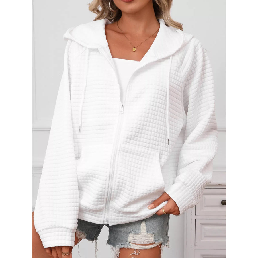 Full Size Textured Quilted Zip-Up Hooded Jacket Plus Size Apparel and Accessories
