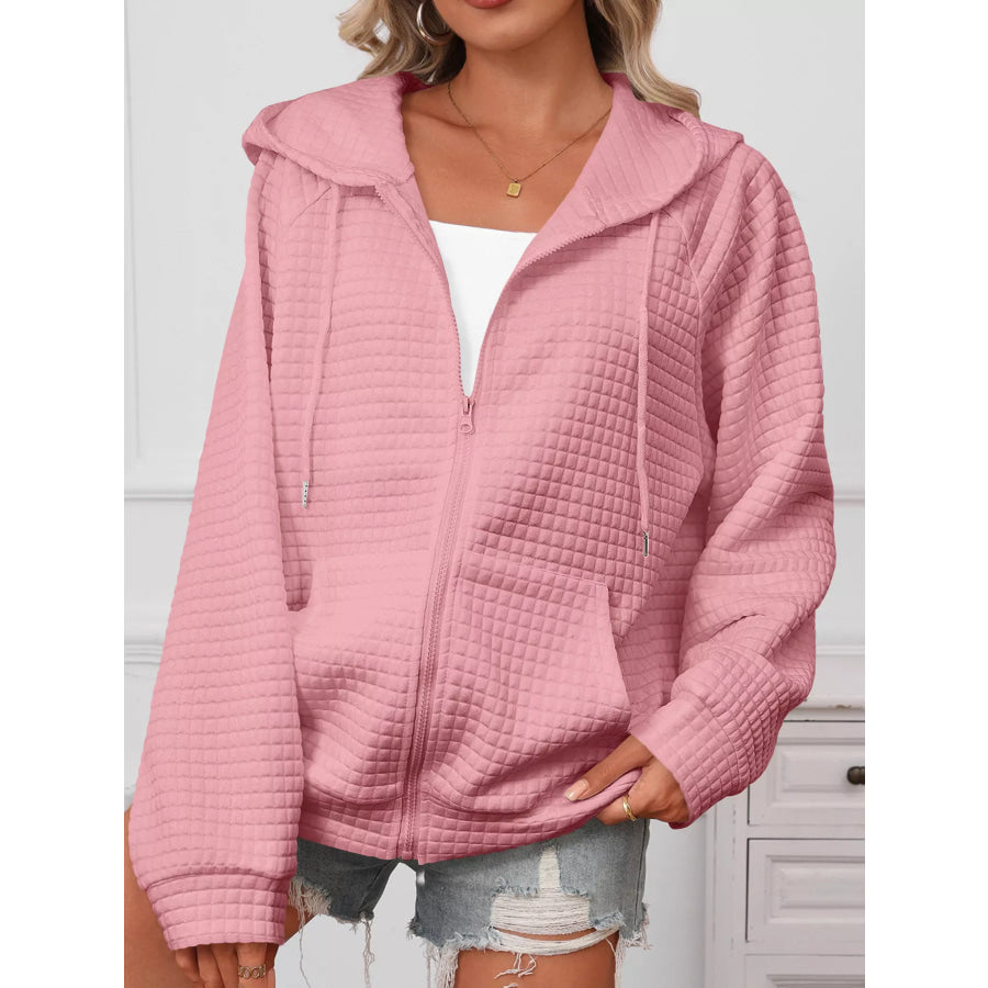Full Size Textured Quilted Zip-Up Hooded Jacket Plus Size Apparel and Accessories