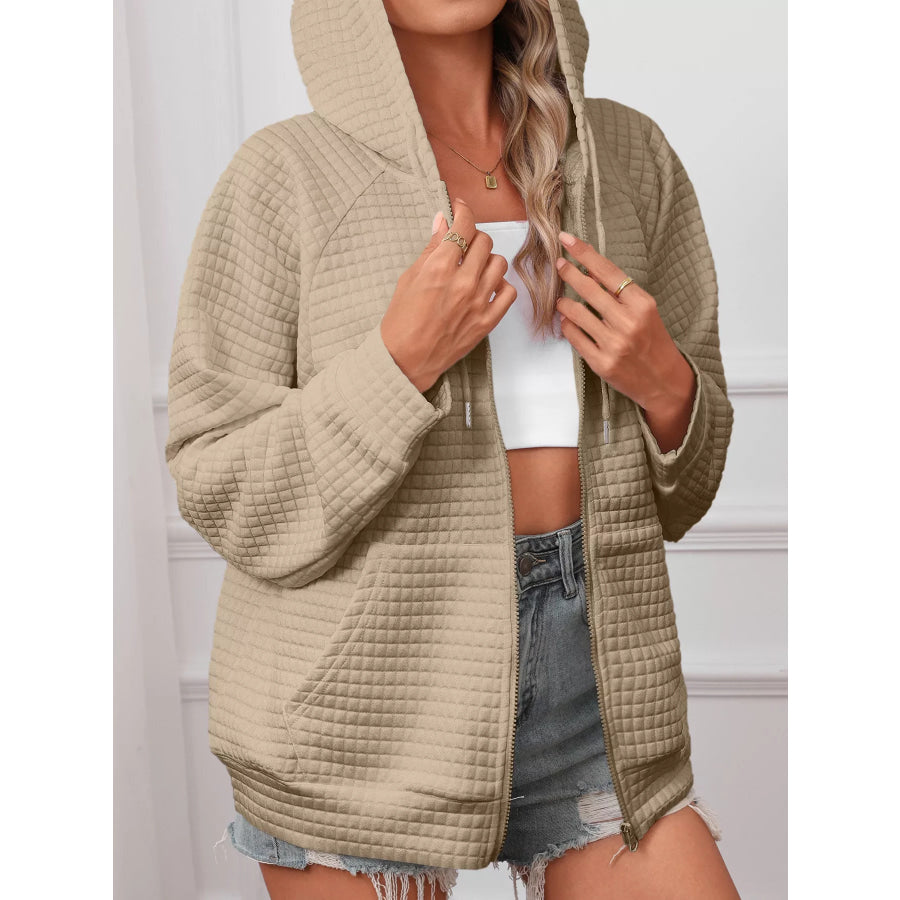 Full Size Textured Quilted Zip-Up Hooded Jacket Plus Size Apparel and Accessories