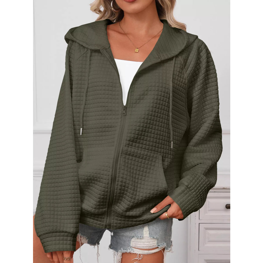 Full Size Textured Quilted Zip-Up Hooded Jacket Plus Size Apparel and Accessories