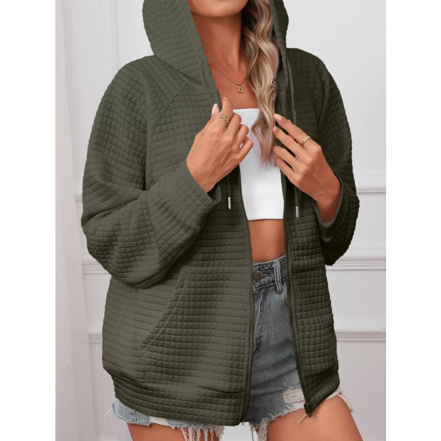Full Size Textured Quilted Zip-Up Hooded Jacket Plus Size Apparel and Accessories